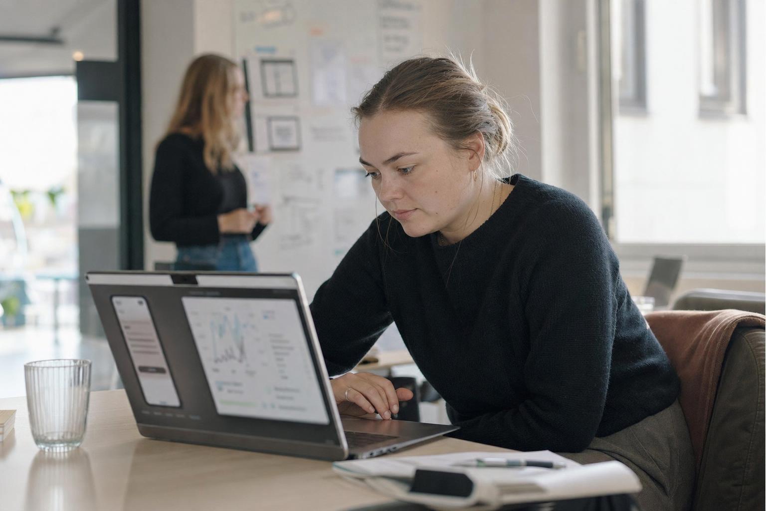 Medarbejder analyserer brugeradfærd og data på laptop som del af konverteringsoptimering.