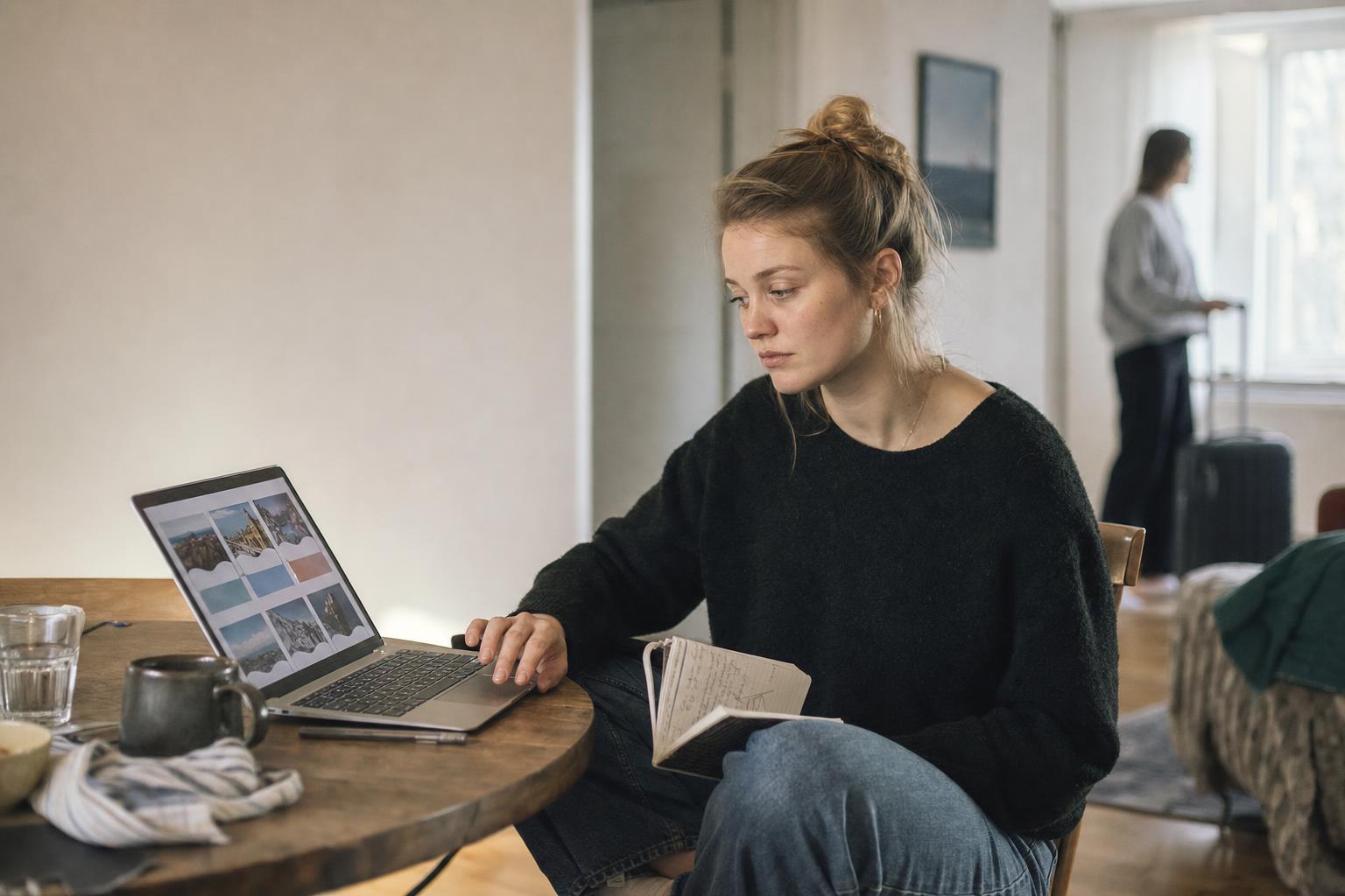 Rejsende sammenligner muligheder på laptop før booking af ferie.