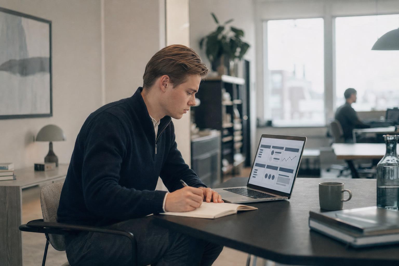 B2B-analytiker gennemgår kunderejsen og noterer forbedringer til konverteringsoptimering.